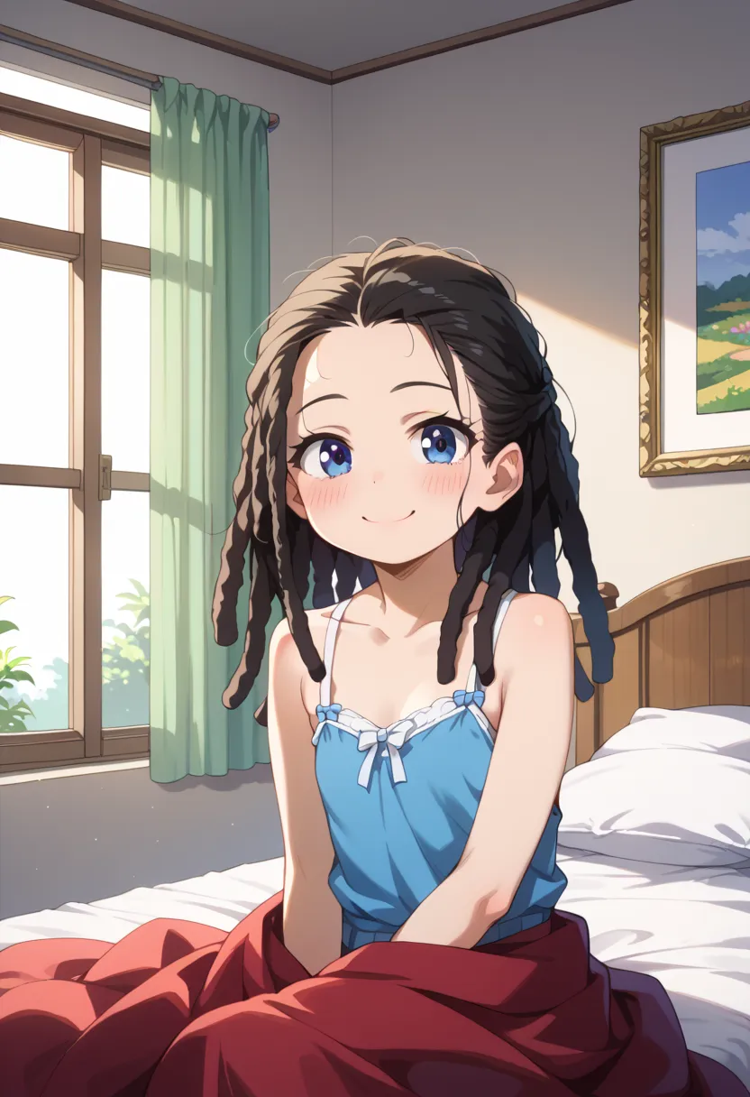 (( top quality)), (( Masterpiece)), (be familiar with),  perfect face,  indoor, bedroom,  watching viewers ,
One woman, Discovered,
開いた口,  ecstatic expression, blush, smile,
 small tits,  flat chest, Young girl,  lori,  s,  girl,
 long hair,  dreadlocks,
 ...