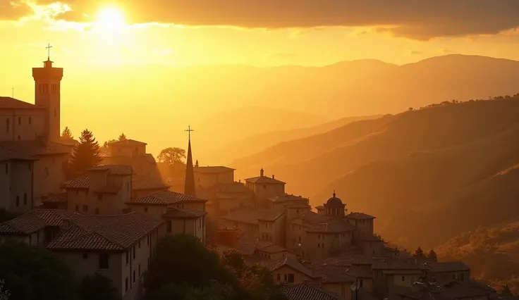 A panoramic shot of Assisi, Italy, with warm golden light, symbolizing the spiritual legacy of Carlo Acutis.