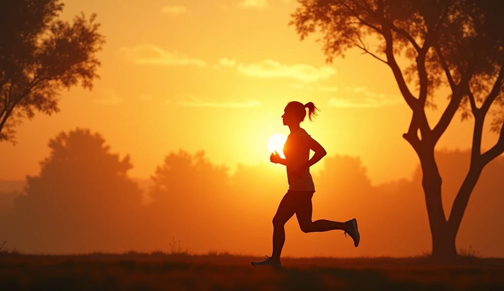 An ultra-realistic scene of a person jogging in a park during a serene sunset. The runner appears as a subtle, indistinct silhouette, emphasizing motion without clear facial details. The background features a dreamy blur of golden-orange skies, scattered t...