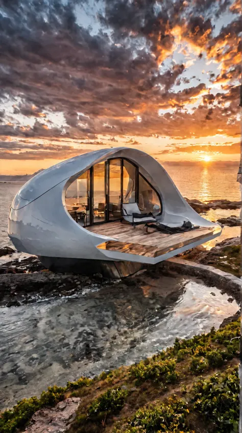 A beautiful seaside tiny house at sunset, art by Zaha Hadid.