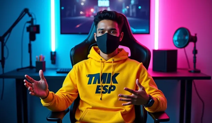 An Indian man sitting confidently on a modern gaming chair in his YouTube studio. He is wearing a bright yellow hoodie with 'TMK ESP boldly printed on it.
His face is clearly visible and expressive despite wearing a sleek black COVID-19 mask. The man is ge...