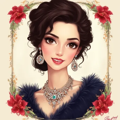 The image depicts a beautifully illustrated portrait of a woman. She has dark brown hair styled in an elegant updo, and she is wearing large, sparkling earrings and a necklace adorned with intricate floral designs. Her attire includes a dark blue garment w...