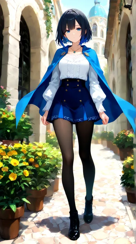 1 girl,  black hair and blue tips ,  short hair ,  Troubled Hair,  blue eyes, expressionless,  wearing a white long-sleeved blouse , a sapphire necklace , a blue cape,  a blue skirt with lace ,  short skirts, black tights ,  black shoes,  walking through a...