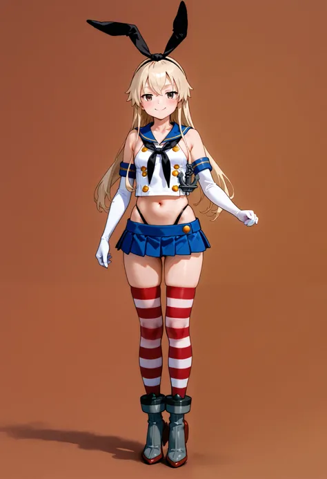 shimakaze (kantai collection), , , Alone, 1girl ,  alone,   brown eyes, blondes,  long hair,   headbands  、 Black Ribbon,   blue sailor suit  , Holding hands in a sleeveless shirt ,   crop top,   white gloves、 elbow gloves ,  black neckerchief holding hand...