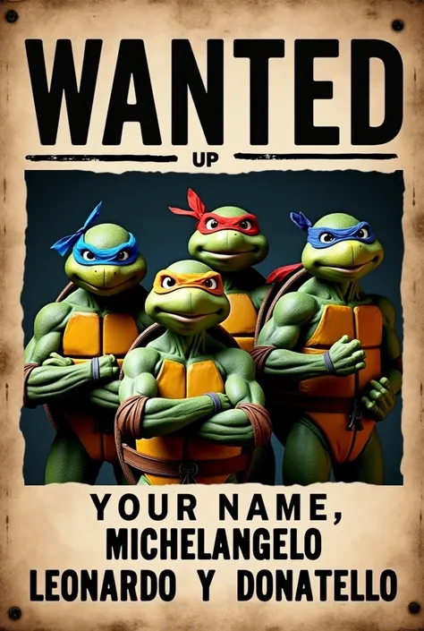  Create me an image of what is wanted where the criminals are the teenage ninja mutant turtles .  In the header of the image I would capitalize the words 'wanted up' and under the photo of the turtle ,  Your name  (Raphael, Michelangelo , Leonardo y Donate...