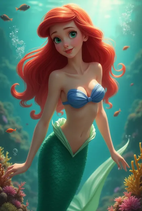  It creates a realistic image of Ariel ,  The Little Mermaid,  with a human appearance but retaining their magical essence .  You must have soft and luminous skin ,  vibrant and wavy red hair that flows naturally ,  with expressive golden reflections under...