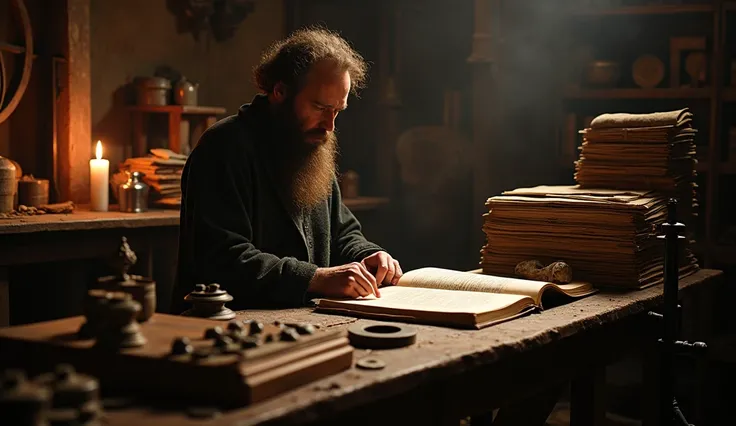 " A scene in a 16th century printing workshop ,  with Nostradamus supervising the printing of his book Les Prophéties. stacks of paper,  types of metal and an antique press are visible , while candlelight illuminates the dark environment ."

