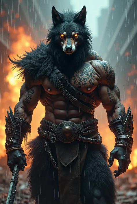 "Ultra-realistic full-body image of a hybrid wolf warrior, incredibly strong and battle-hardened, in the style of Mortal Kombat. His muscular body is covered in intricate tribal tattoos, glowing faintly under the chaotic atmosphere. He stands fully frontal...