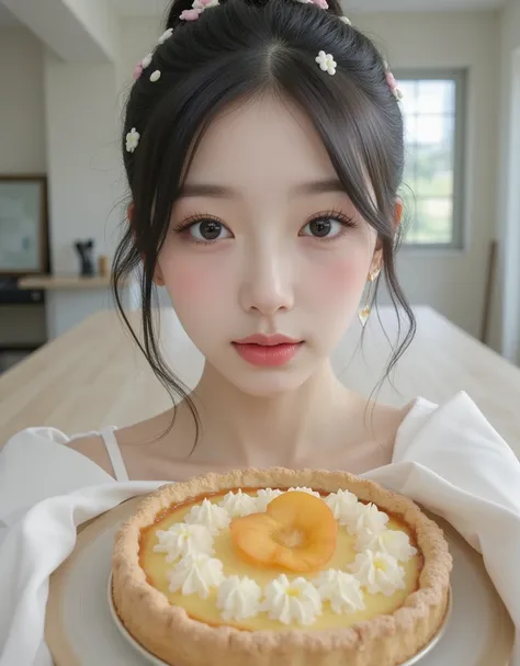 ( profile of a super cute busty Korean female college girl holding a peach pie she made and showing it to the camera:1.2)(Happy smile:1.2)(16k,  RAW photos ,  top quality,  Masterpiece: 1.2),( glossy black hair cute bun hair )  Super Detail,  super resolut...