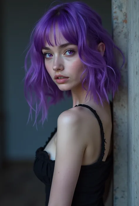 A photo of a young woman, purple hair , purple eyes,  big boobs,  slim figure .  full body photo