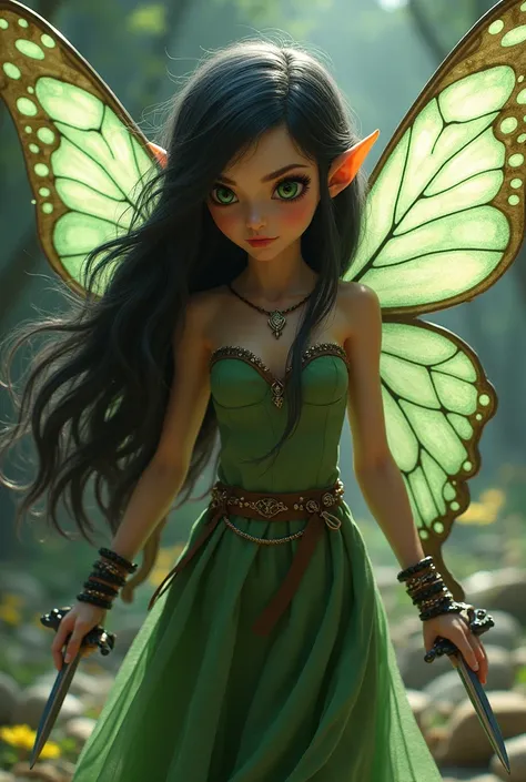 troublemaking warrior fairy. long black hair. emerald green eyes. transparent butterfly with wings. With pointed ears. with a little dagger in both hand. 100 centimeters tall