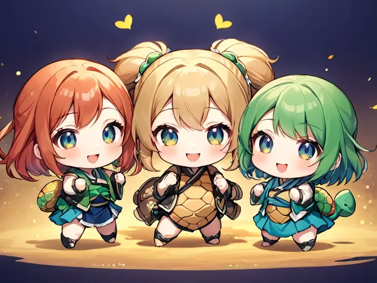 Three friends (Two women, a man) In chibi style, fighting or playing,  A smiling turtle , beautiful, anime chibi style, masterpiece, genial, cool, artist, fancy 