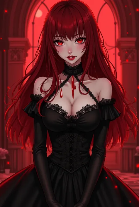 A bloody girl with crimson hair, a black dress and a sexy body. I want the picture in the form of an anime drawing
And the dress is like the dresses of the Victorian era

The hair is dark crimson to dark black 
With sharp, dark-colored eyes and fangs from ...