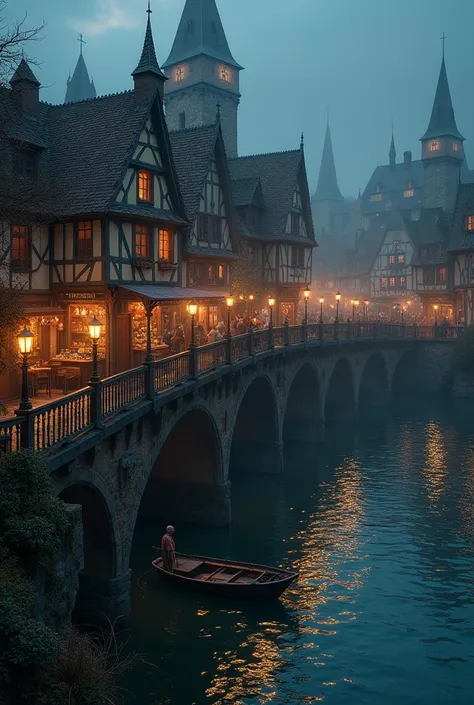 Hyperrealistic, cinematographic photography, vivid colors, and intricate details. A stunning old Medieval bridge between two sides of a bustling Medieval city, spanning a wide river. The bridge is packed full of old houses and shops, with people selling th...