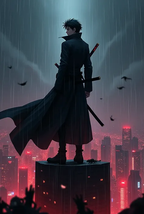 A dark fantasy-style poster featuring Renji Kisaragi, an anti-hero with a mysterious aura. He stands atop a towering skyscraper against the backdrop of a futuristic city illuminated by neon lights, with light rain falling around him. Renji wears a long bla...