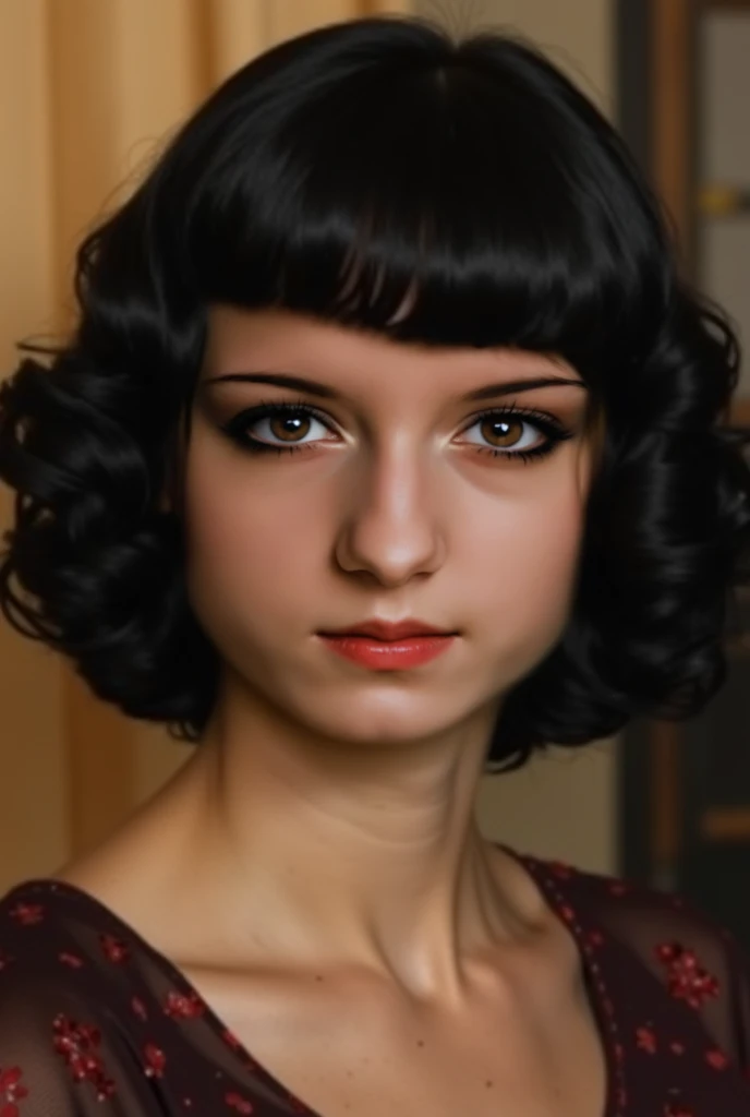 Give her black hair. Make the photo look like it was taken with a camera at a party in the 1920s. Also wear clothes that fit the period. Face and hairstyle the same as in the photo, remove bags under the eyes. 