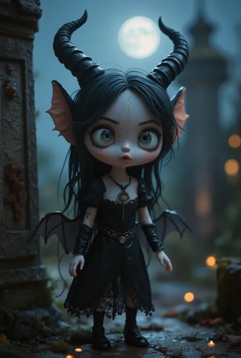 (High Definition, masterpiece, Accurate, top quality, High Definition model, high detail, (((The textures are soft))), ((matte and toy-like with a handmade premium look)), (((Tim Burton style))), Dark, 1 girl, succubus with wings, horn, The background is a...