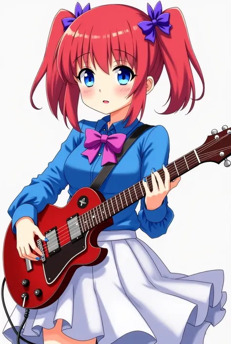 1 solo anime girl red hair, pigtails, blue eyes, black lips, blue nails,pale skin, blue shirt, blue juliet sleeve,  explode clothes ((white skirt)),  giant hooge innerboobs, inner cleavage, ((purple bowtie)) playing guitar playing guitar playing guitar  