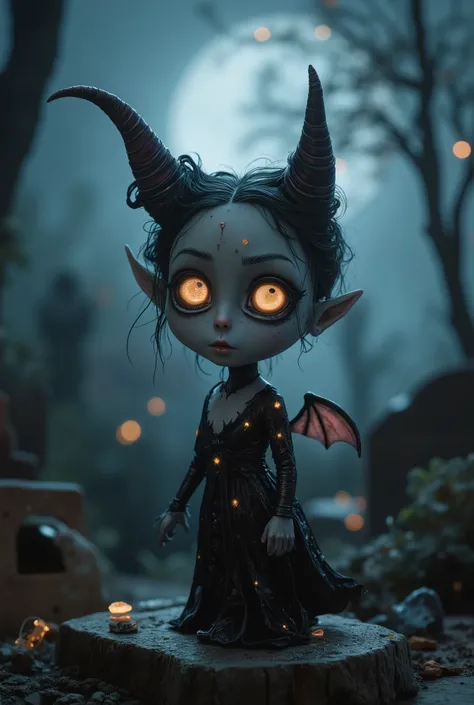 (High Definition, masterpiece, Accurate, top quality, High Definition model, high detail, (((The textures are soft))), ((matte and toy-like with a handmade premium look)), (((Tim Burton style))), Dark, 1 girl, succubus with wings, horn, The background is a...