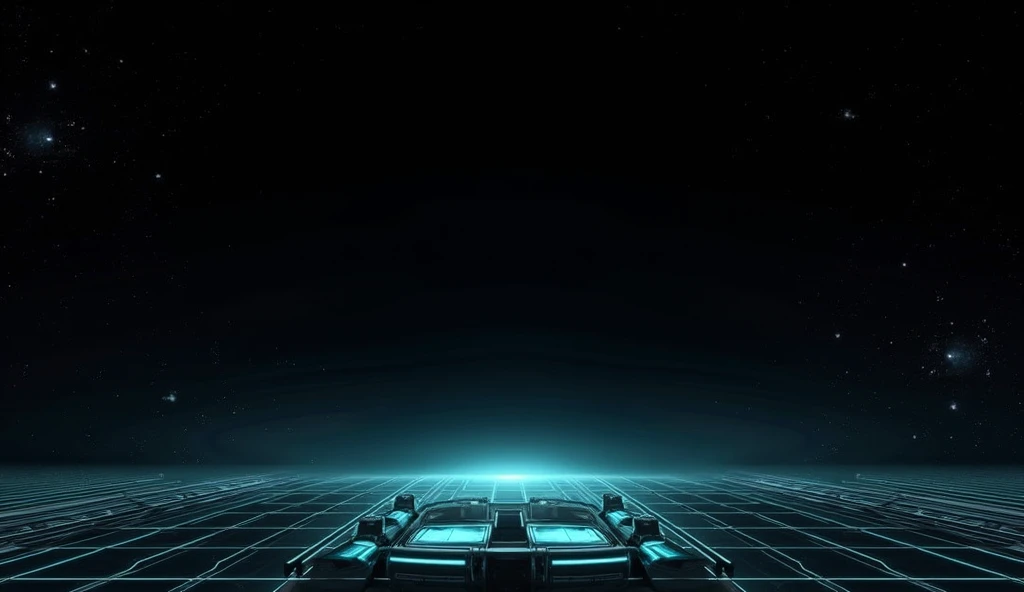 1920x1080 horizontal sci-fi background, dark cosmic void with faint star clusters, 
futuristic spaceship docking station at bottom third, glowing cyan thrusters and holographic interfaces, 
top 35% pure black empty space for text overlay, metallic grid lin...