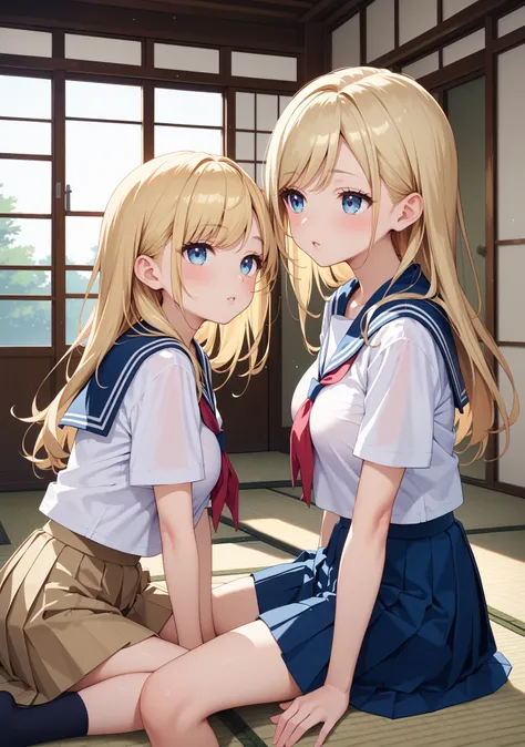 girl, slender, busty, pale skin, blonde hair, long hair , swept bangs, straight hair , blue eyes, Slanted eyes , pink beige lip, furrowed brow, parted lips,  ((blush)), looking ahead, school uniform, serafuku, pleated skirt, sailor collar, white shirt, sho...