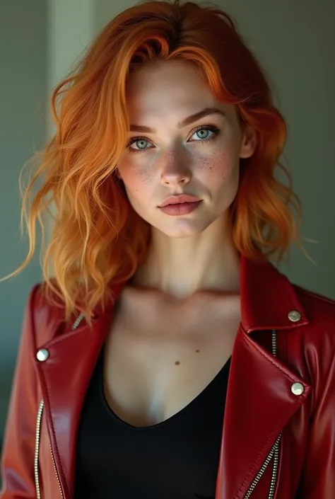 Sixteen-year-old female teenager, tall and with big breasts, white skin with freckles, orange-red hair and blue-green eyes. Wearing a black blouse under a red leather jacket