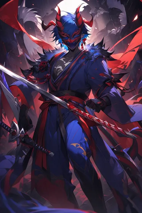  top quality, Super Detail,
 man with blue hair、 demon horns、Earrings、Tattoo、Japanese clothing、The appearance of a demon、background moonlit night、 Demon Mask 、flashy、The whole body is visible、2 swords、 Demon Mask を持っている、