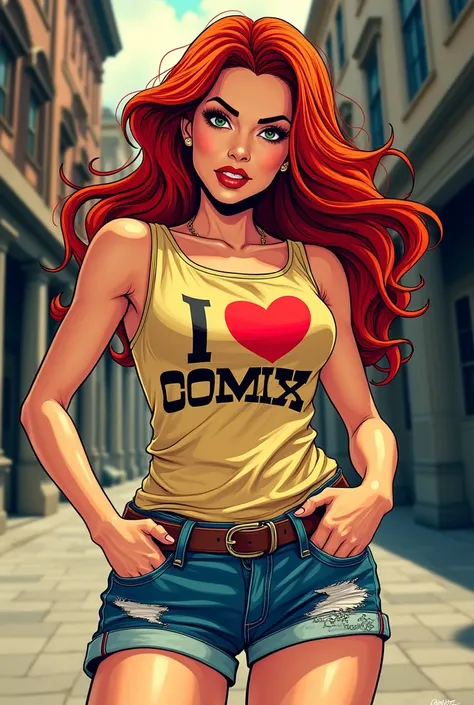 A stunning, red-haired woman in a classic comic book style. Avery sexy woman, She sports short denim shorts and a sleeveless t-shirt featuring a bold 'I ♥ Comix' design in a vibrant, comic-style font. The illustration captures her confident, playful energy...