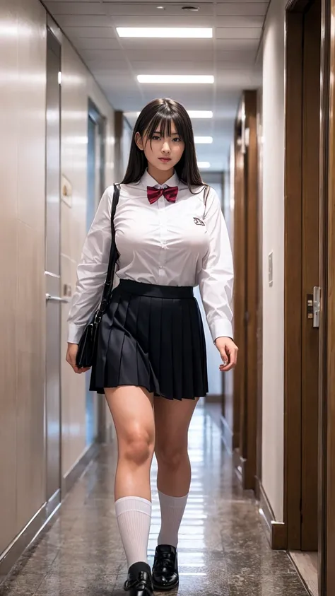 Two beautiful high school girls with huge breasts that seem to spill out due to their huge breasts are wearing uniforms, and 1 person is late walking down a long hallway cutter shirt, super mini pleated skirt, high socks, leather shoes