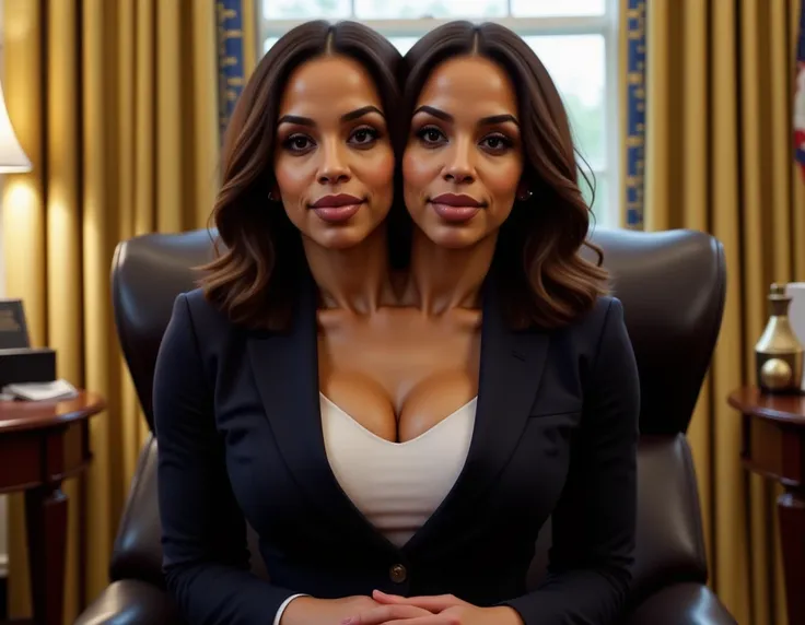 realistic face two headed kamala harris in business suit, us president, very fit, two heads, conjoined, tight shirt, round boobs, (((big boobs))), showing a lot of skin cleavage, show her from head to toe, sitting in Oval Office,