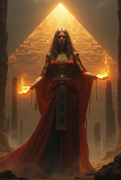 A very very old Egyptian pharaoh woman carrying dark magic secret in pyramids
That light up from her hands and pyramids are shining by hieroglyphs in darkness  