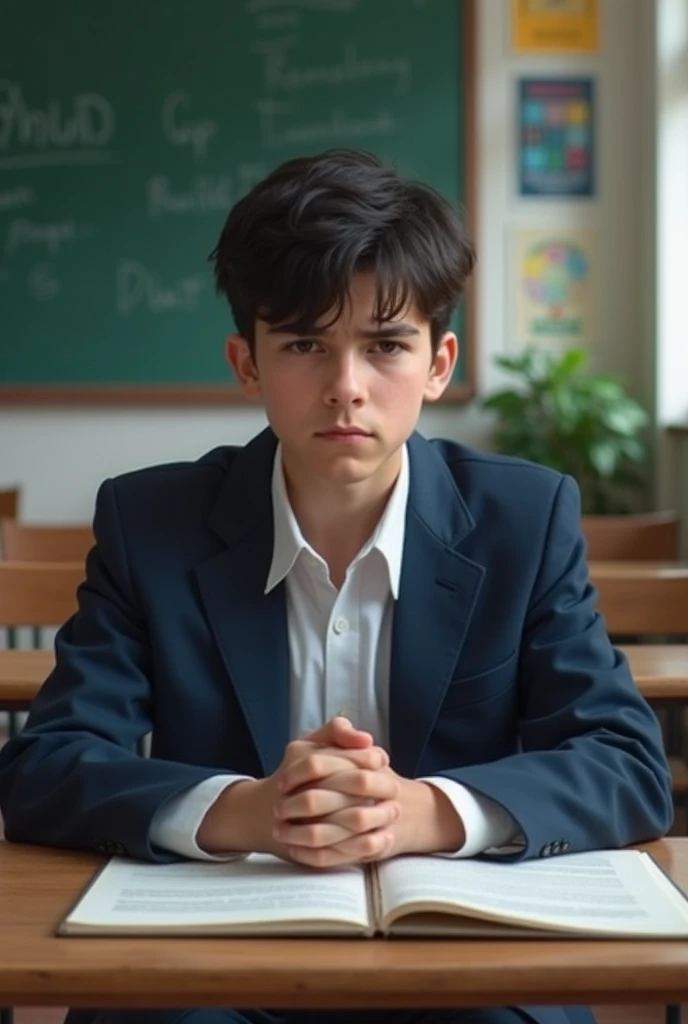 A teenage boy in a school uniform sitting in a classroom, looking tense and worried.Ensure to maintain same color of uniform as the previous image generated 