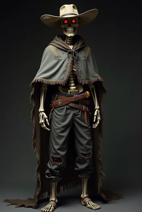  Skeleton cowboy with wide and old hat ,  gray poncho with additional details covering the body up to the waist,  long and reasonably torn pants ,  reaching the end of the ankle ,  bright red eyes with a symbol of karma in place of the pupils , with a blac...