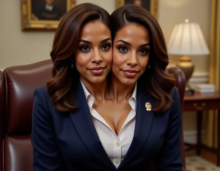 realistic face two headed kamala harris in business suit, us president, very fit, two heads, conjoined, tight shirt, round boobs, (((big boobs))), showing a lot of skin cleavage, show her from head to toe, sitting in Oval Office, us pin on blazer