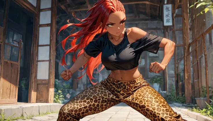 dark skin, red hair, long hair, cornrows, crop top, black shirt, bare shoulder, figthing stance, leopard print pants, capoeira, masterpiece, best quality, amazing quality, detailed background, intricate details