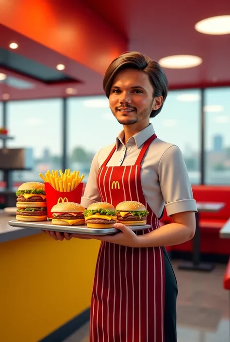 Create an image of a McDonald's waiter, with a combo of French fries and sandwiches 