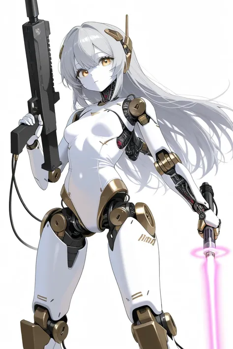 ( top quality,  Background detail),  top quality,  Original Detailed Dynamic Art, ( golden eyes), Photo from the waist down,  Inorganic Gaze , Detailed mechanical joints,  reinforced exoskeleton,  White Leotard,  white skin,  gray hair ,  long hair, ( Cybo...