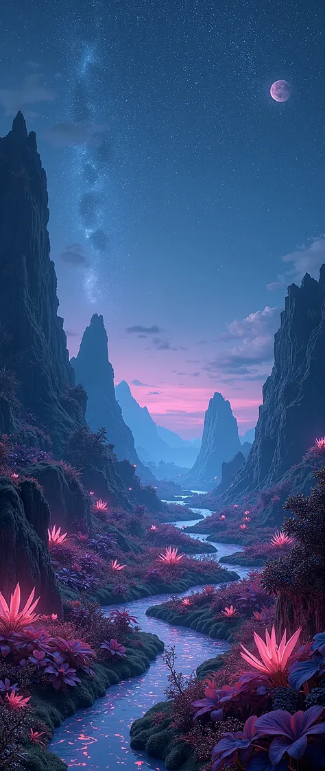 Alien Landscape:1.5, ( best quality, Master of Peace: 1.3), (hyper-detailed, hyperrealistic color : 1.5),  A cosmic garden of exotic flora and surreal mountains....  At night,  the landscape is illuminated by bioluminescence ...,  perfect  composition,  Be...