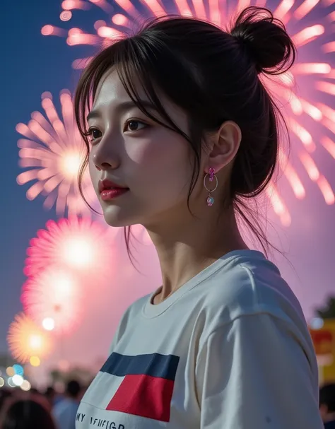 (A Korean college girl with super cute big breasts is enjoying a fireworks display with a fan:1.2)( Carefree Smile:1.2)(16k,  RAW photos ,  top quality,  Masterpiece: 1.2),( glossy black hair cute bun hair )  Super Detail,  super resolution on the floor, (...