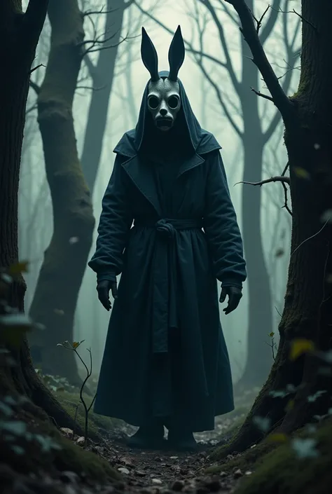 A hooded cult member in a dark, twisted, eerie, grungy Victorian era forest, wearing a rabbit head mask, (best quality,4k,8k,highres,masterpiece:1.2),ultra-detailed,(realistic,photorealistic,photo-realistic:1.37),dark moody atmosphere, unnatural distorted ...