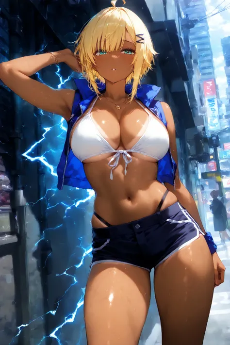 4k,  ultra detailed,Thunder magic user, girl,  tanned skin,background urban,