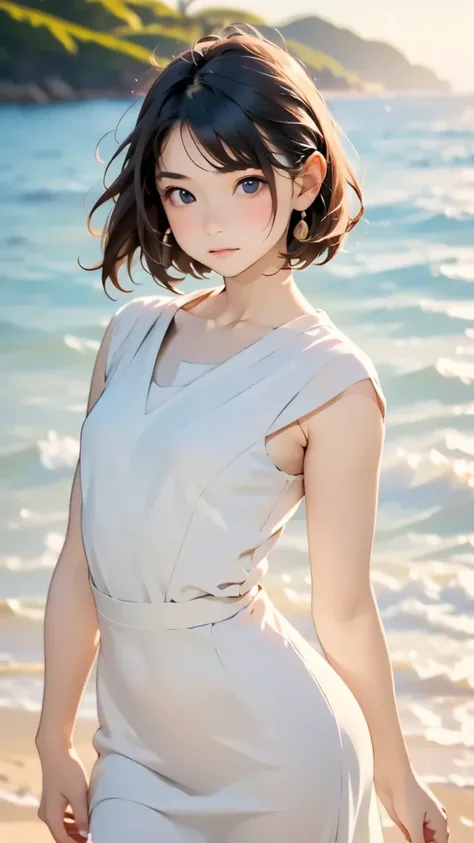 one girl, (12years old:1.4),(Very Young Face), (japan Person famous idol), face, cute face, ash gray hair:1.5, bob hair, short hair, camera's line of sight, small breasts, An ennui look, (dress:1.4) , particles of light, sea of ​​sunset, calm sea, white sa...