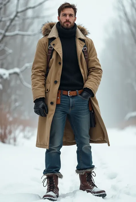 Ethan winter in a beige coat with a black turtleneck sweater with jeans and boots well armed and equipped