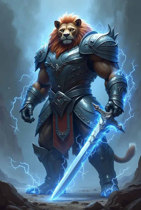 Armored lionman armed with a sword wrapped in electricity in combat posture