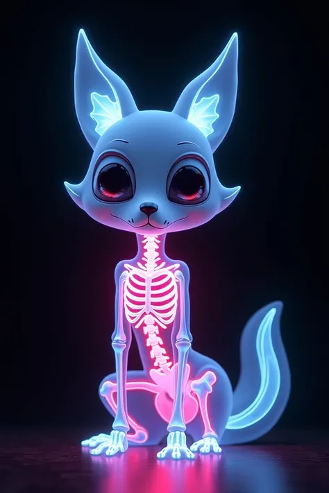 Creepy cute cartoon x ray skeleton fox, black background, simple, neon light style