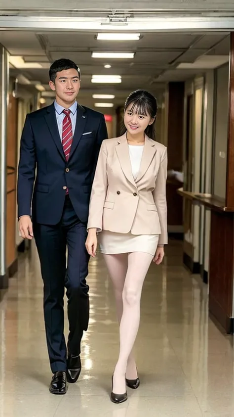 A mature teacher with super huge breasts and beautiful legs is walking down the hallway side by side with a high school male student in a suit jacket, blouse, miniskirt, pantyhose, leather shoes 