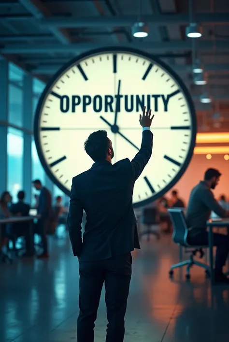 A professional standing in front of a large clock, with one hand reaching towards a glowing calendar marked 'OPPORTUNITY'. The clock is ticking rapidly, and the background shows a modern office with people working energetically. The person has a focused ex...