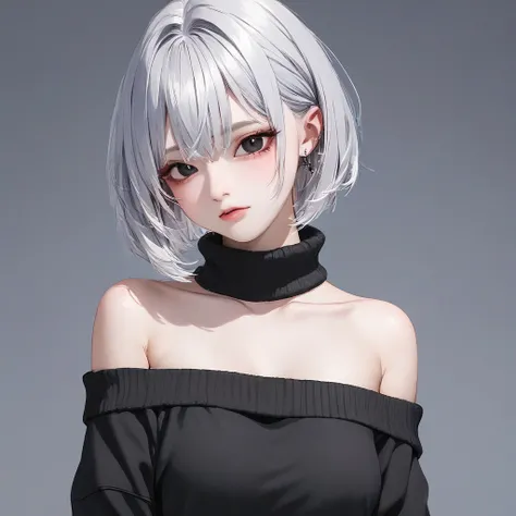 1 girl black eyes silver hair short hair black off-shoulder sweater