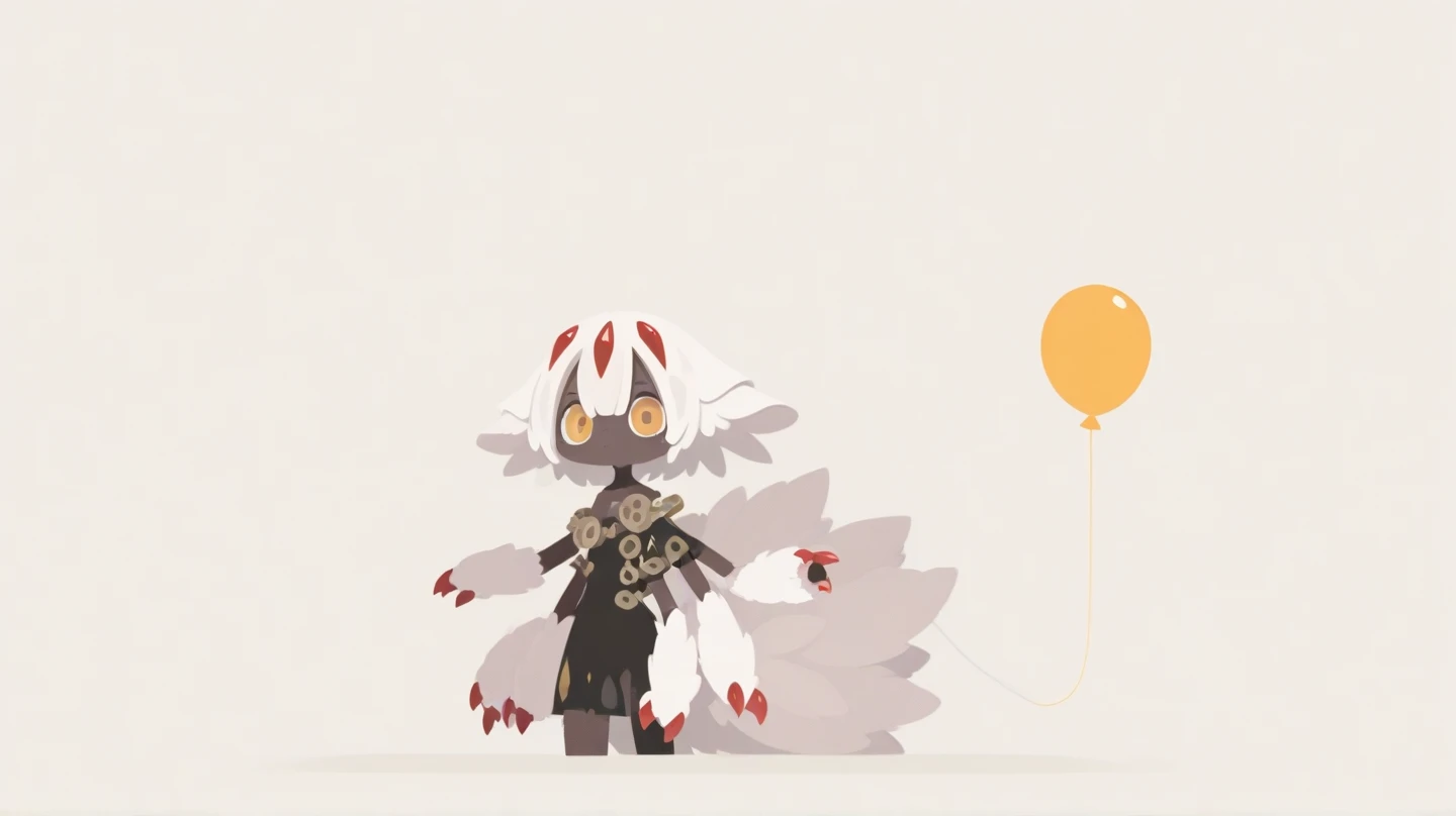 Faputa, 1girl, dark skin, dark-skinned girl, white hair, short hair, extra arms, red claws, multiple tails, yellow eyes, white fur, animal ears, no lineart, no outline, haiz_ai, black or gray balloon background, the character of the image is melancholy and...