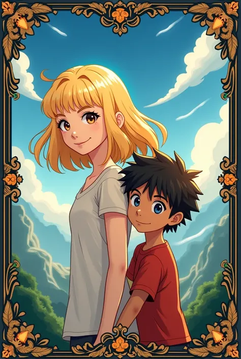 Book cover with a blonde girl and a brown boy anime style 